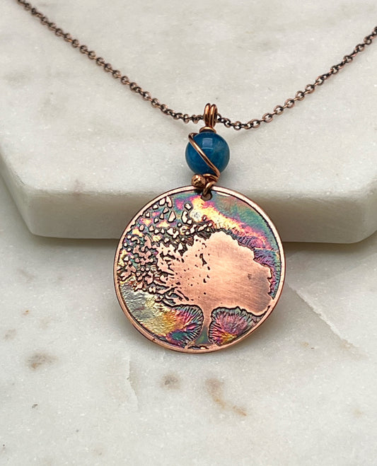 Acid etched copper tree necklace with apatite gemstone
