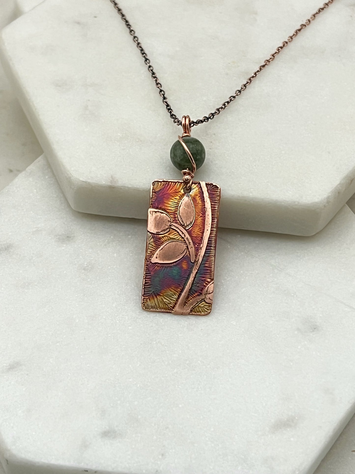 Acid etched copper leaf necklace with jade gemstone