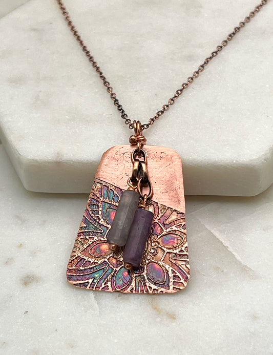 Acid etched copper necklace with amethyst gemstone