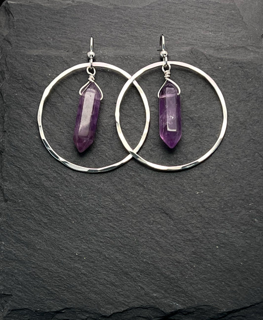 Sterling silver hoop earrings with amethyst gemstones