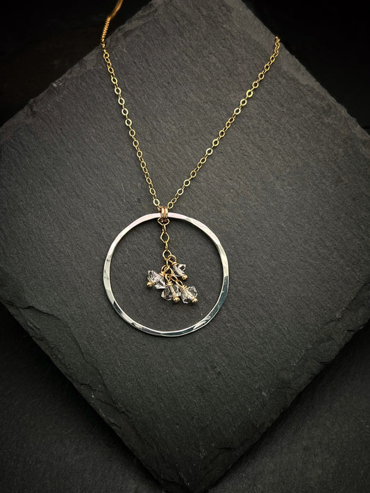 Handmade Sterling Silver Circle Necklace with 14k Gold and Herkimer Diamond
