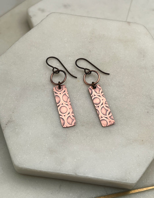 Short patterned Copper Dangle Earrings