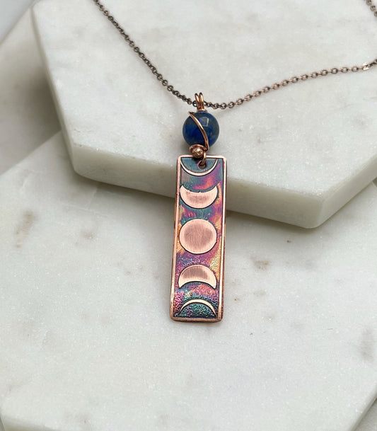 Moon phase acid etched copper necklace with lapis gemstone