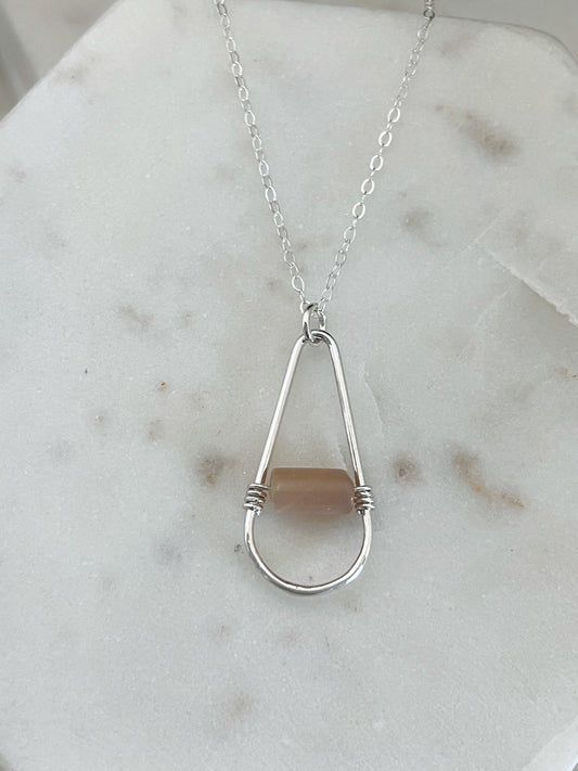 Sterling silver teardrop hoop necklace with peach moonstone