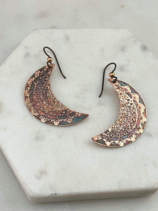 Crescent moon copper earrings