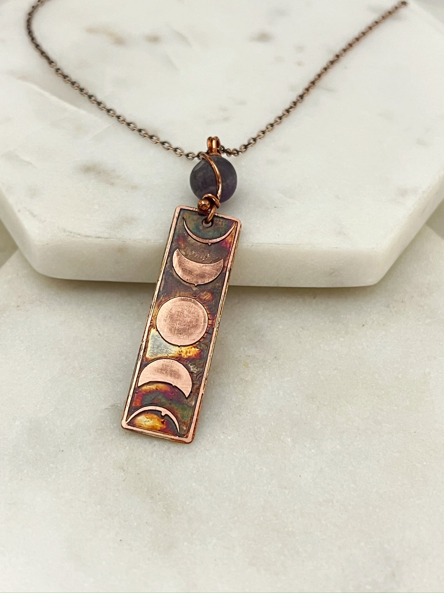 Moon phase acid etched copper necklace with amethyst gemstone