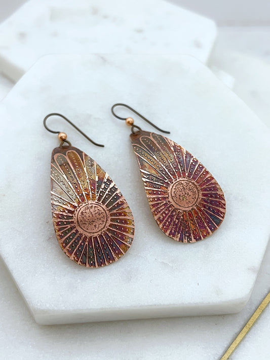 Large acid etched copper teardrop earrings