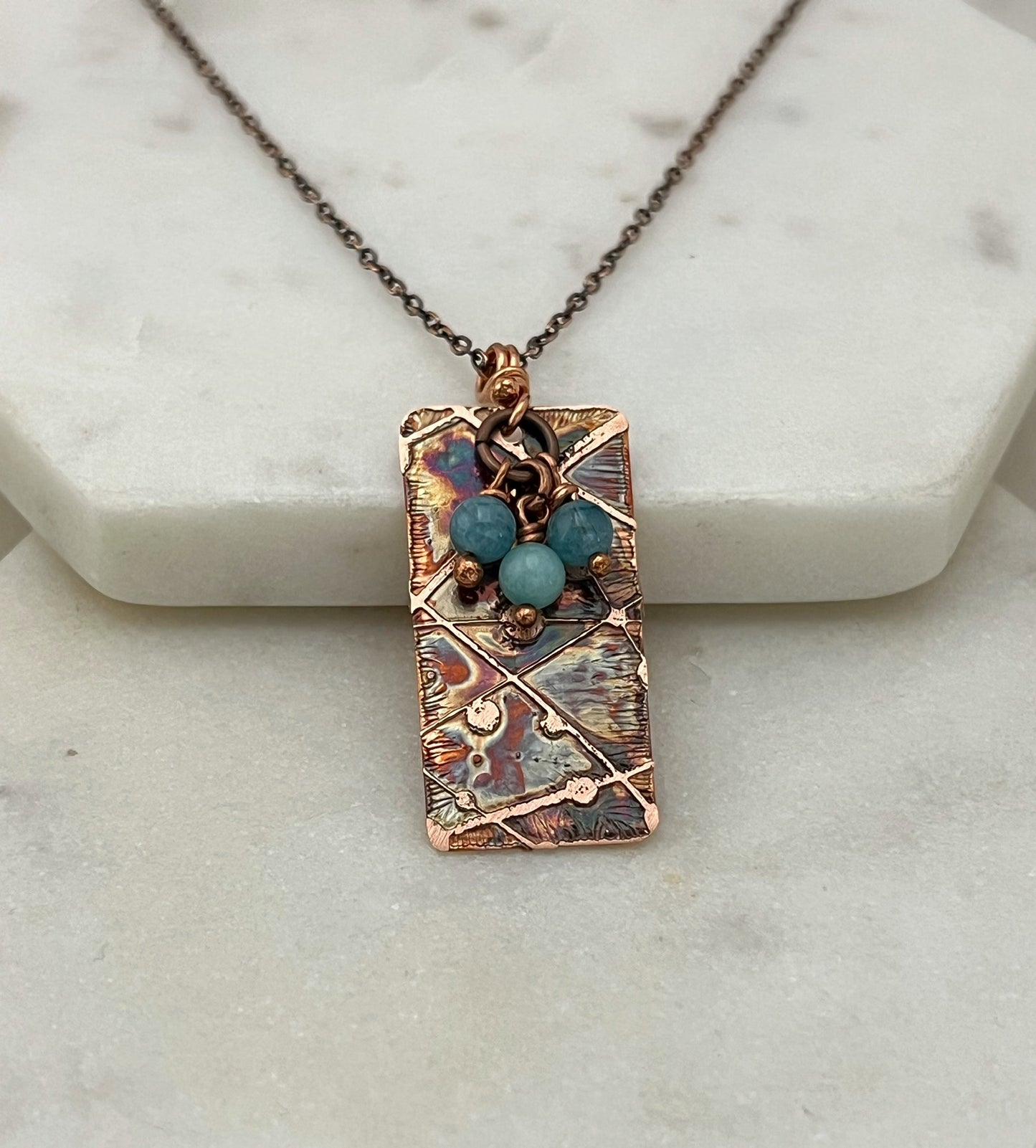 Acid etched copper necklace with amazonite gemstone