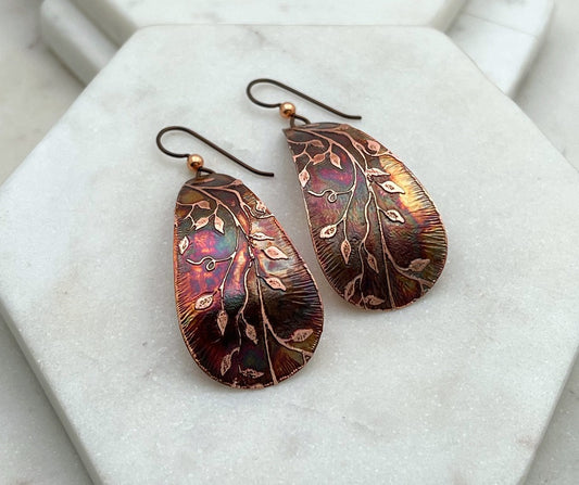 Large acid etched copper teardrop earrings