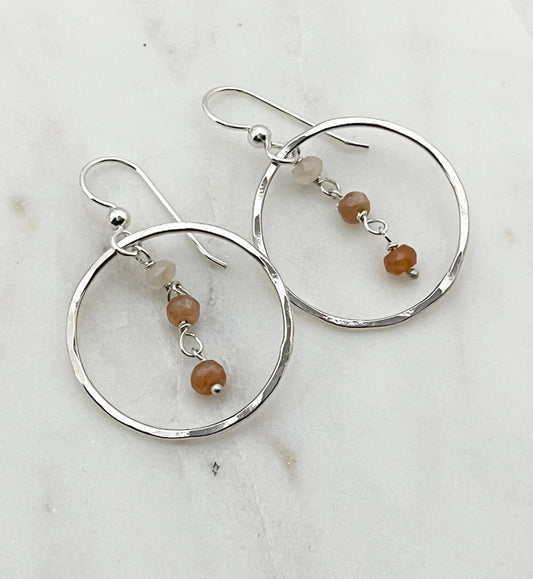 Sterling silver hoop earrings with peach moonstone gemstones