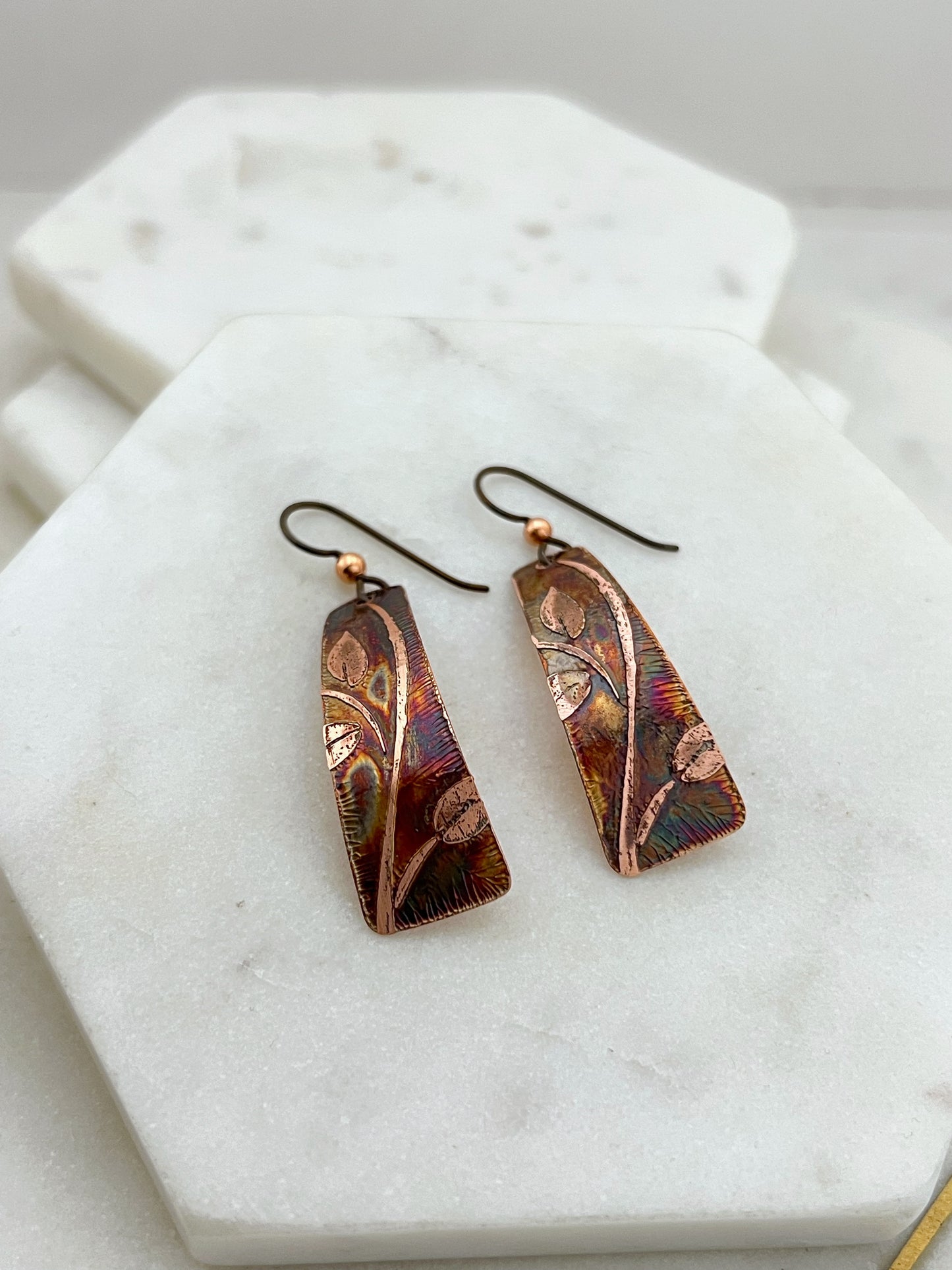 Acid etched copper irregular rectangle earrings