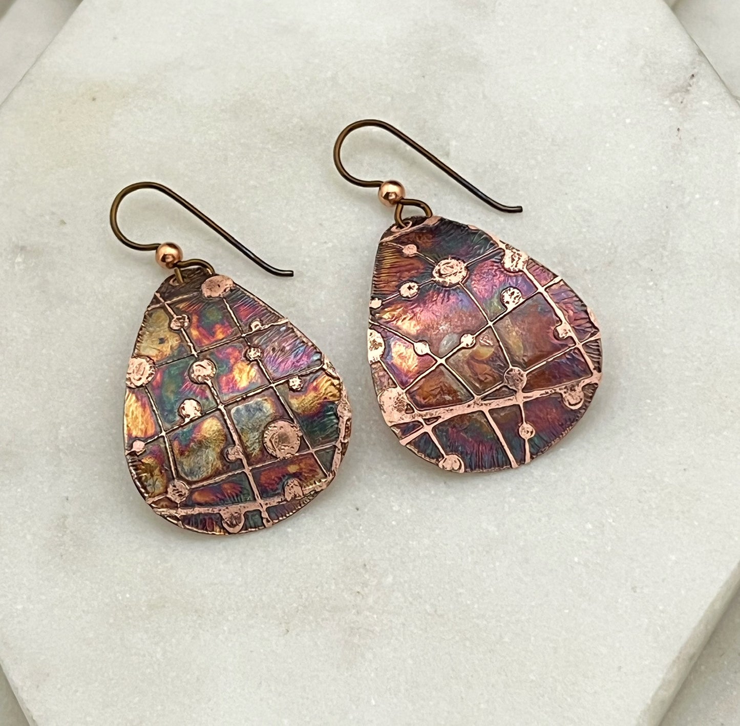 Acid etched copper medium teardrop earrings