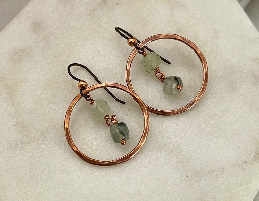 Copper hoop earrings with prehnite gemstone