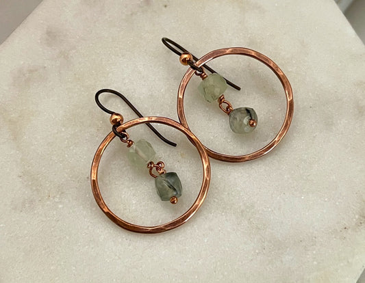 Copper hoop earrings with prehnite gemstone