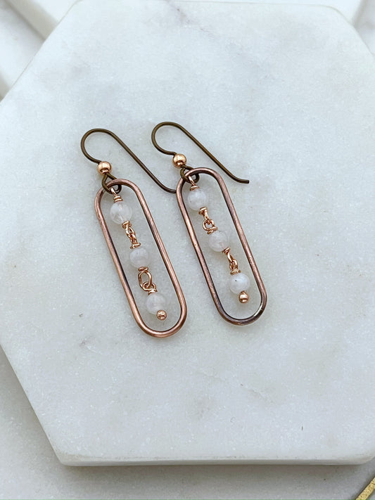 Copper oval hoops with moonstone gemstones