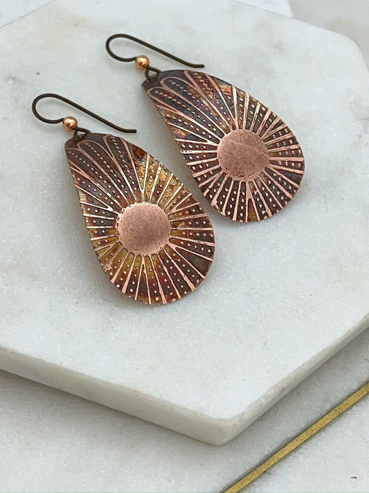 Large acid etched copper teardrop earrings