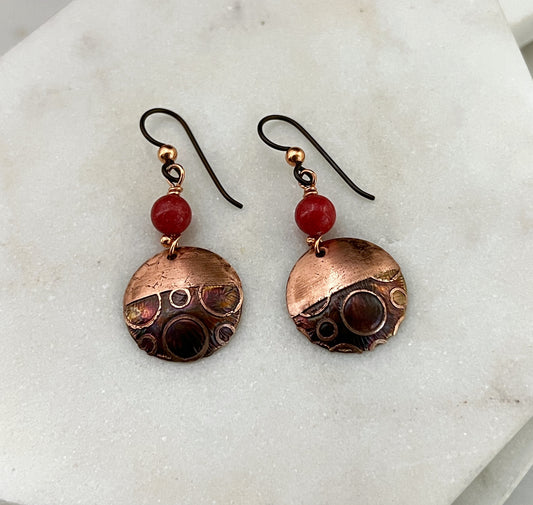 Acid etched copper earrings with coral gemstones