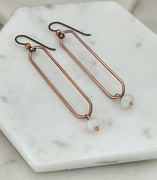 Copper oval hoops with moonstone gemstones