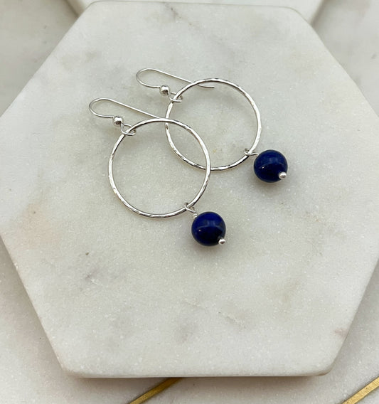 Sterling silver hoop earrings with lapis gemstones