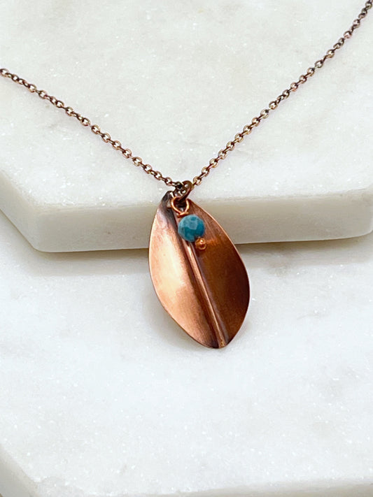 Hand forged copper leaf necklace with apatite