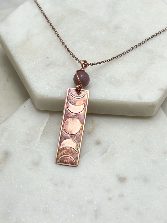 Moon phase acid etched copper necklace with lepidolite gemstone