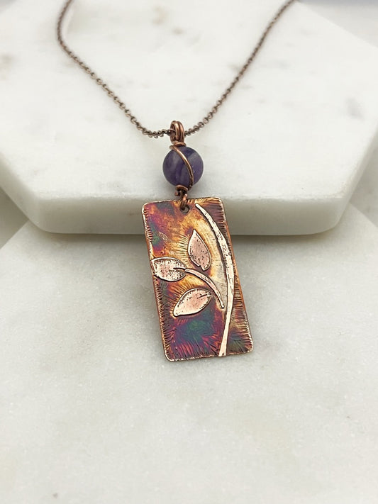 Acid etched copper leaf necklace with amethyst gemstone