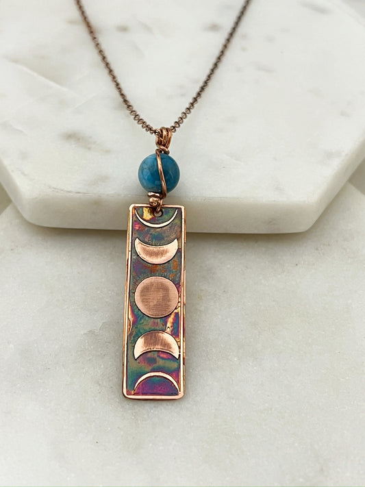 Moon phase acid etched copper necklace with apatite gemstone
