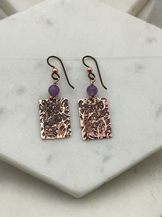 Acid etched copper earrings with amethyst gemstones