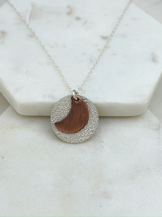 Mixed metal sterling silver and copper moon necklace