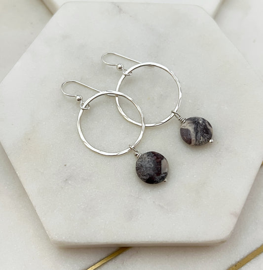 Sterling silver hoop earrings with porcelain jasper gemstones