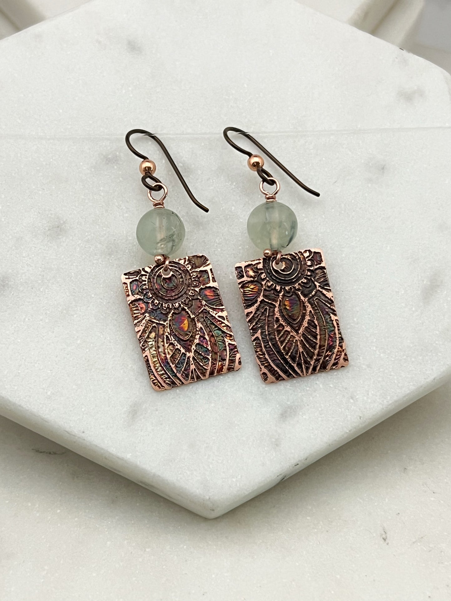 Acid etched copper earrings with prehnite gemstones