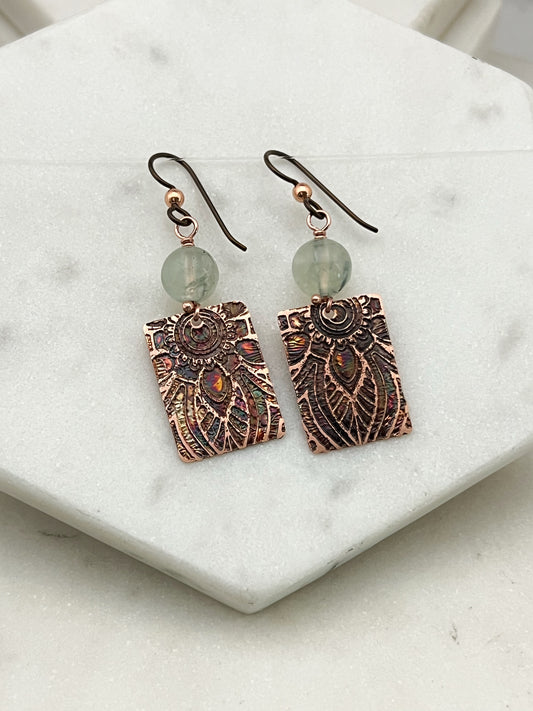Acid etched copper earrings with prehnite gemstones