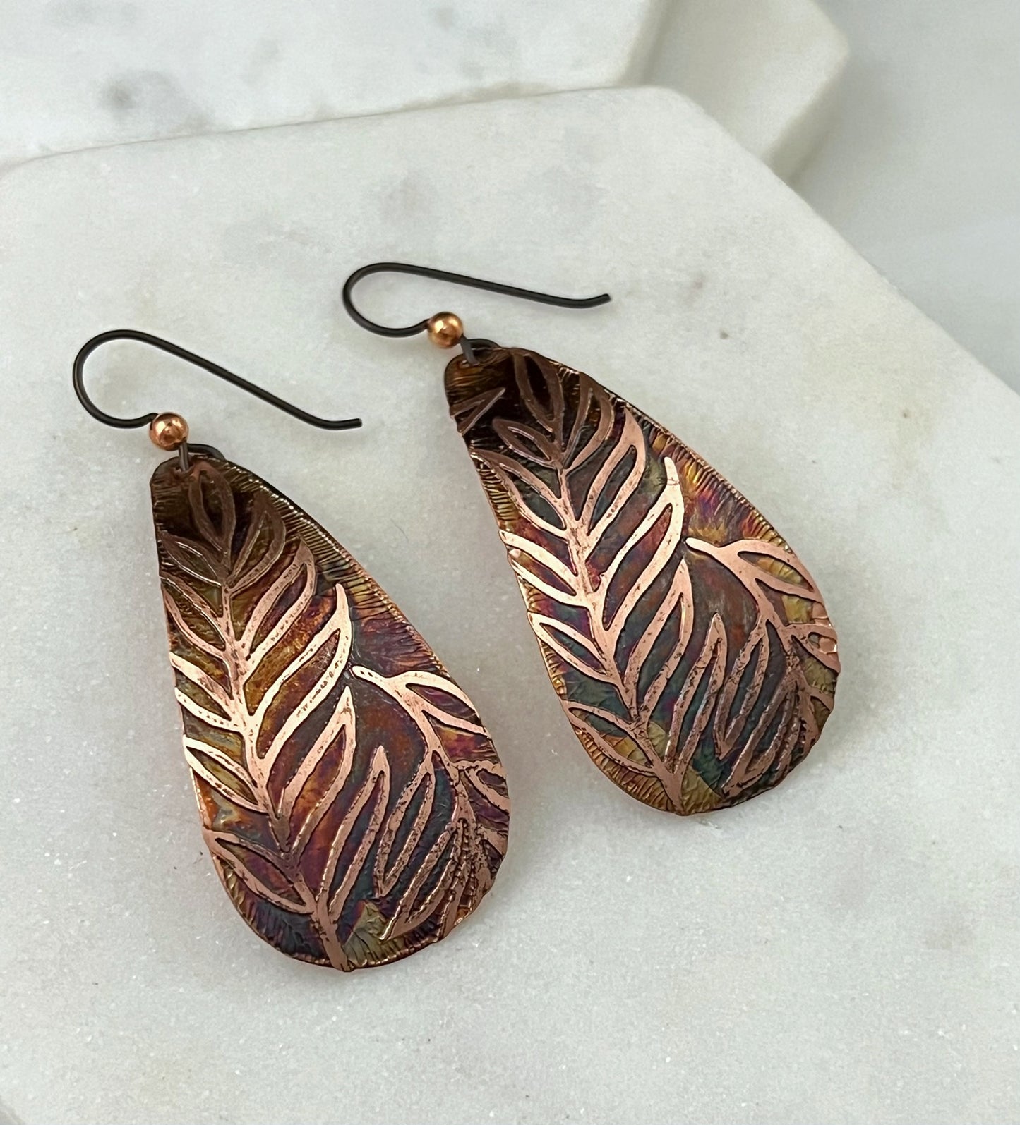 Large acid etched copper teardrop earrings