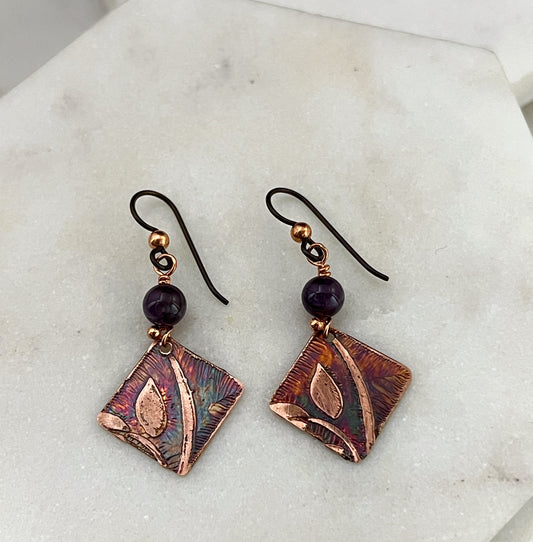 Acid etched copper earrings with amethyst gemstones
