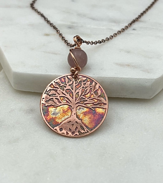 Copper and lepidolite rooted tree necklace