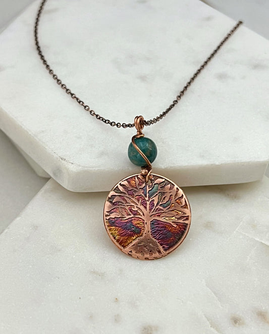 Acid etched copper tree necklace with amazonite gemstone