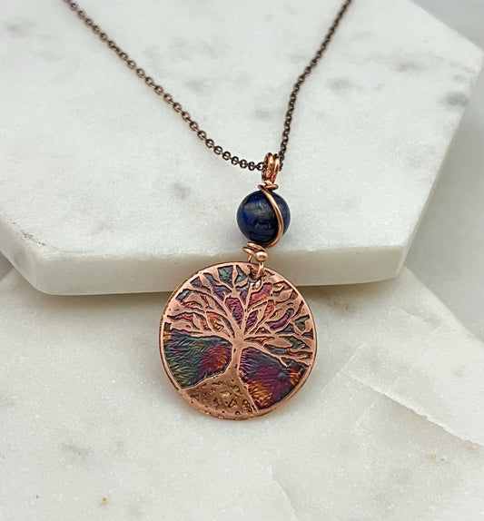 Acid etched copper tree necklace with lapis gemstone