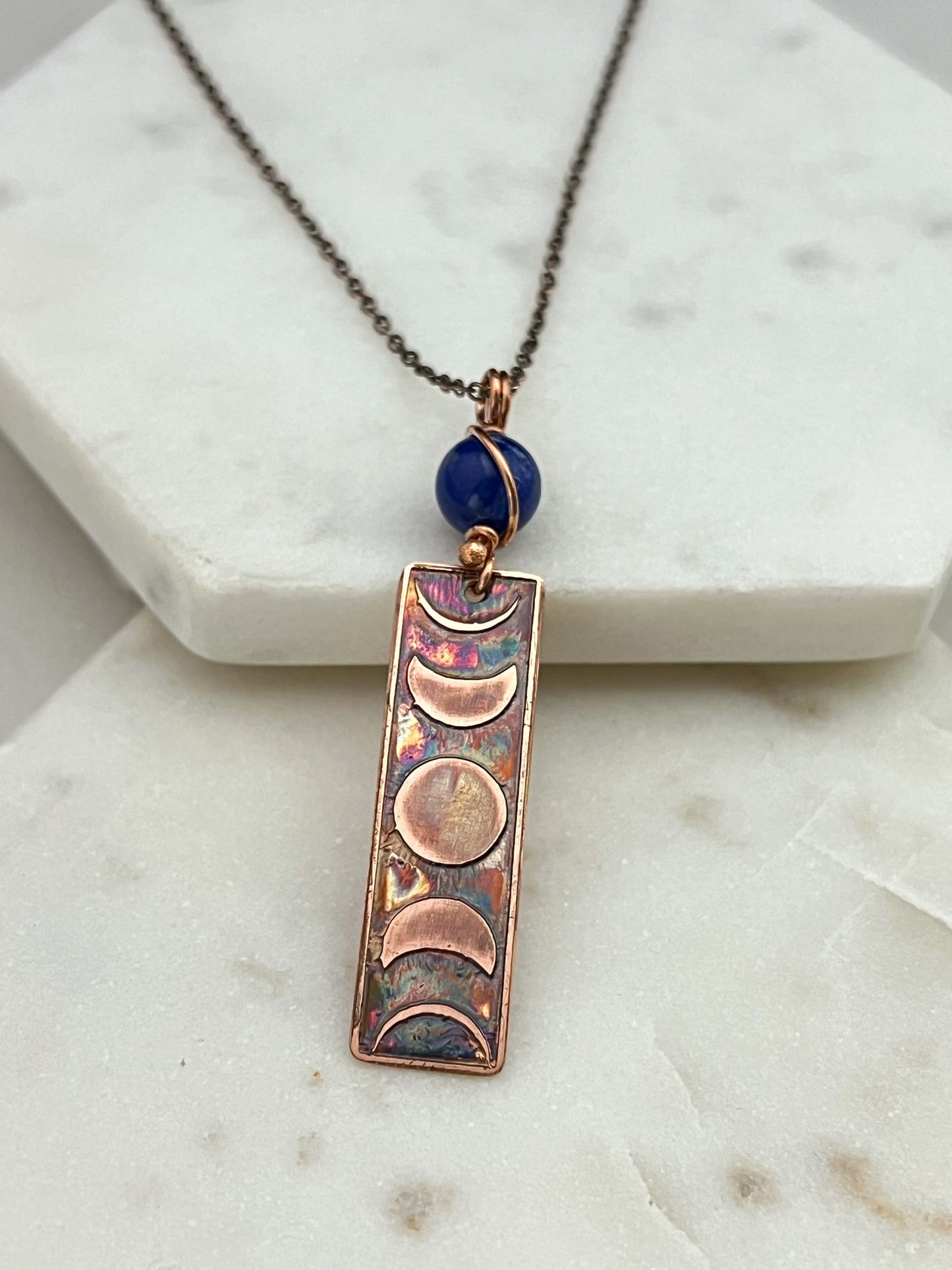 Moon phase acid etched copper necklace with lapis gemstone