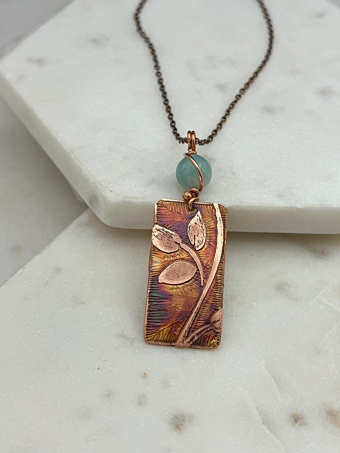 Acid etched copper leaf necklace with amazonite gemstone