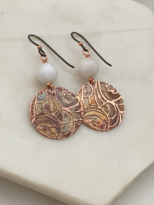 Acid etched copper earrings with moonstone gemstones