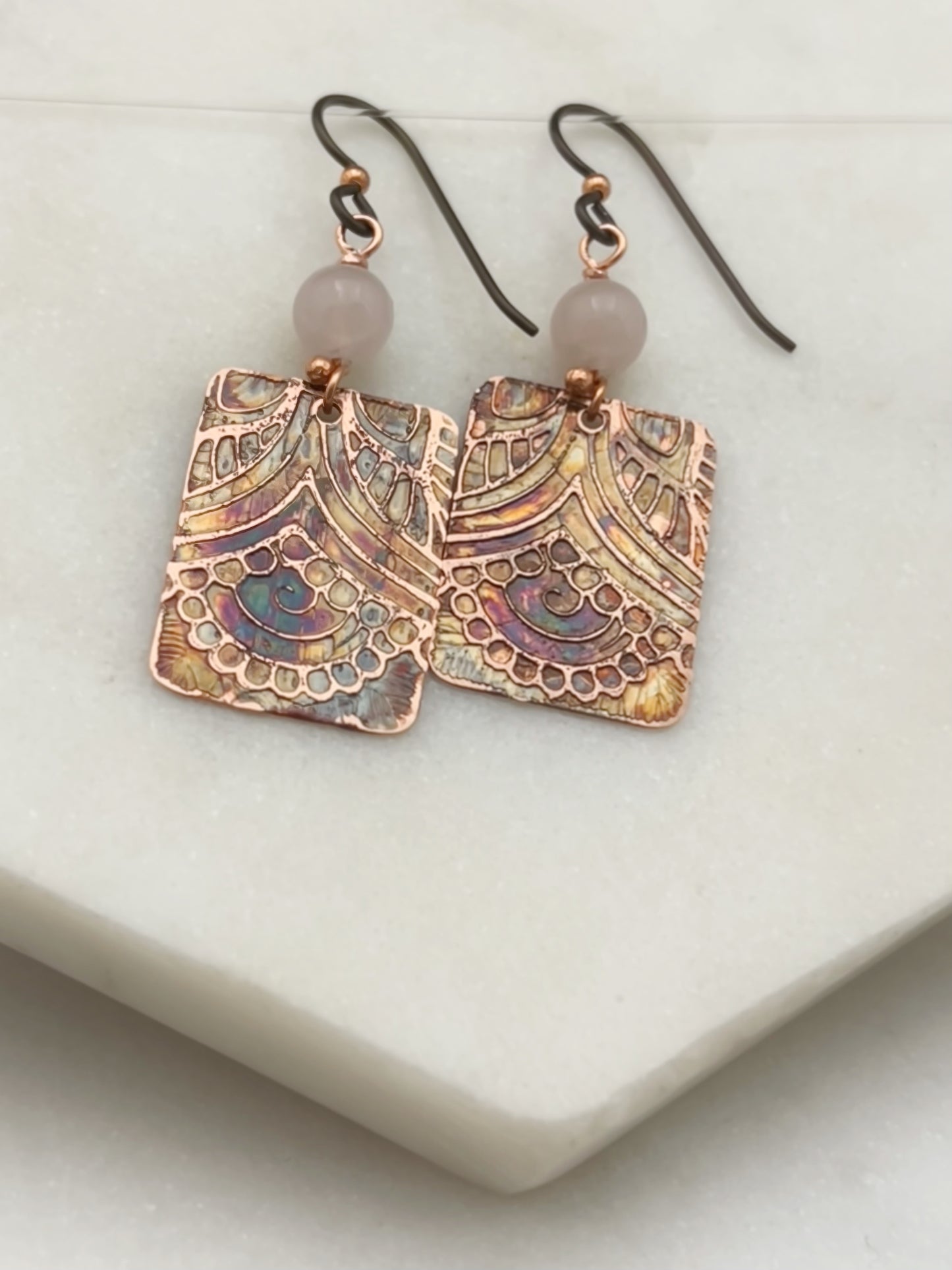 Acid etched copper earrings with rose quartz gemstones