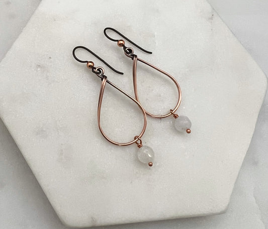 Copper teardrop hoop earrings with moonstone