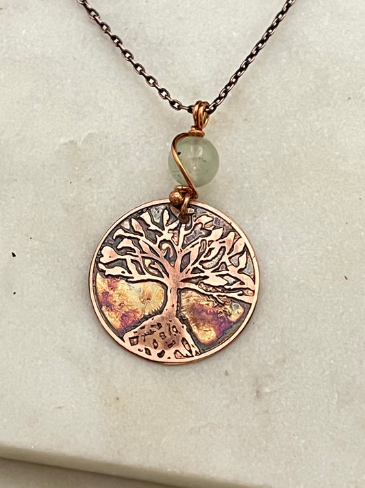 Acid etched copper tree necklace with prehnite gemstone