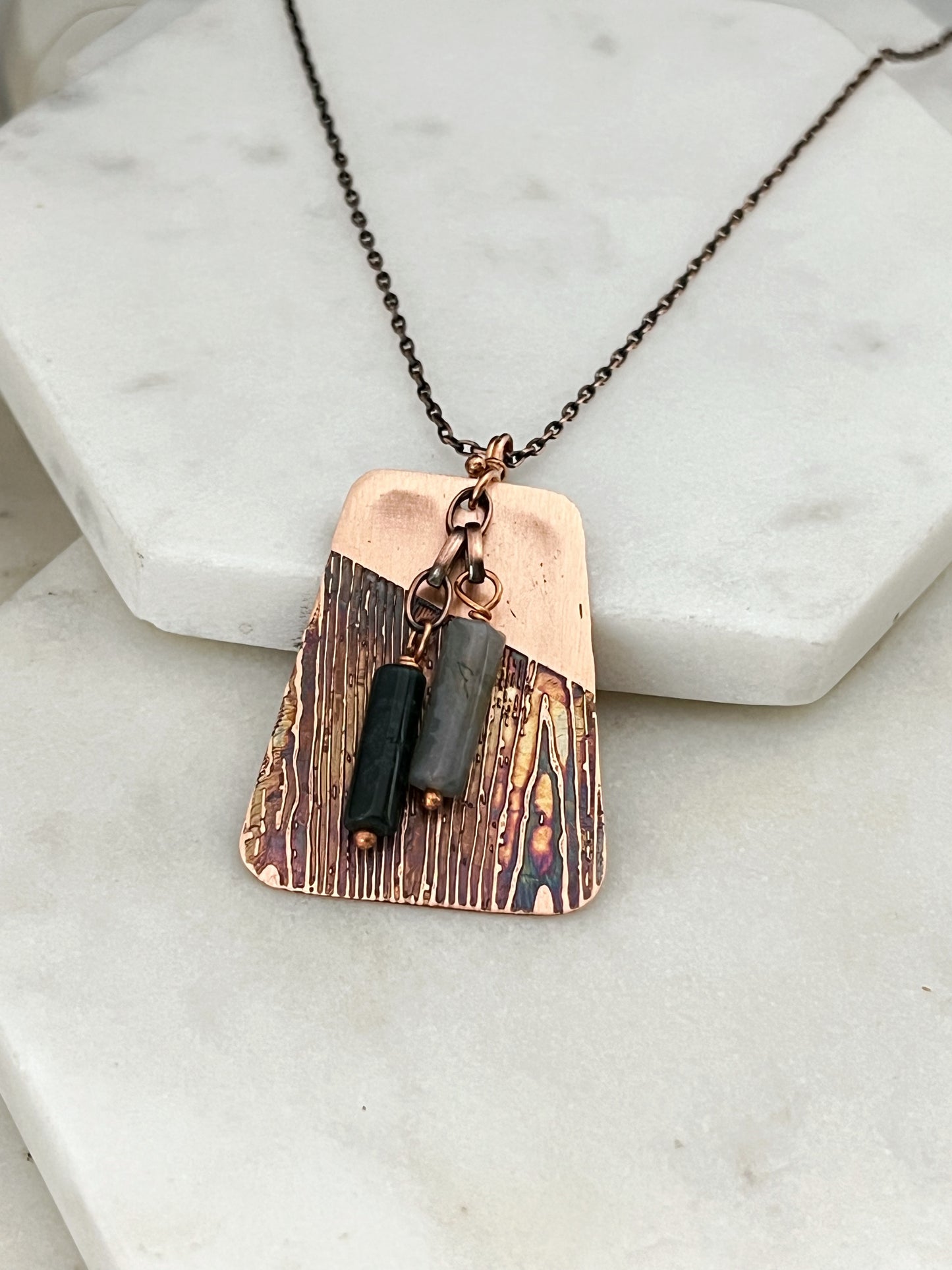 Acid etched copper necklace with moss agate gemstone