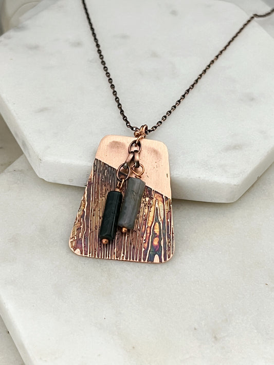 Acid etched copper necklace with moss agate gemstone