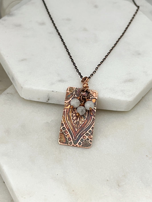 Acid etched copper necklace with moonstone gemstones