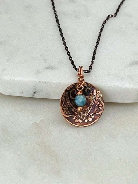 Acid etched copper necklace with moonstone gemstone