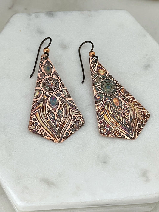 Acid etched copper earrings