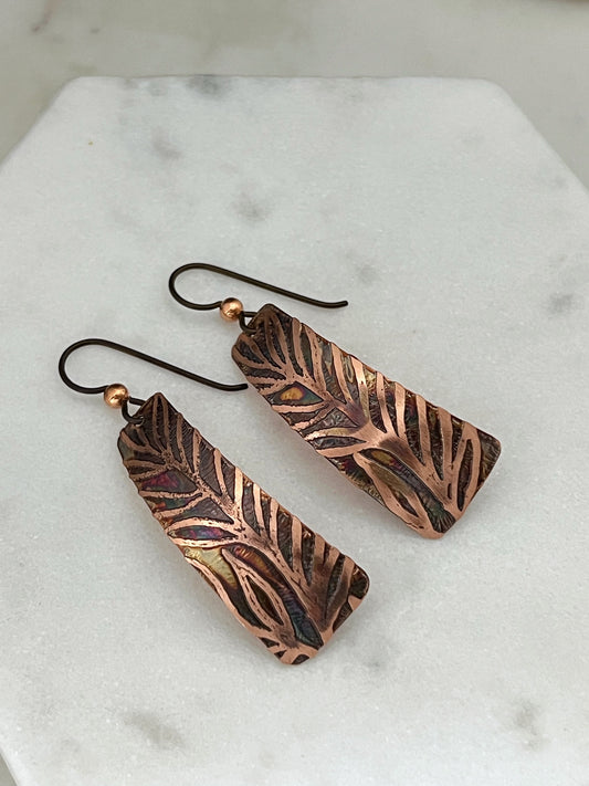 Acid etched copper irregular rectangle earrings