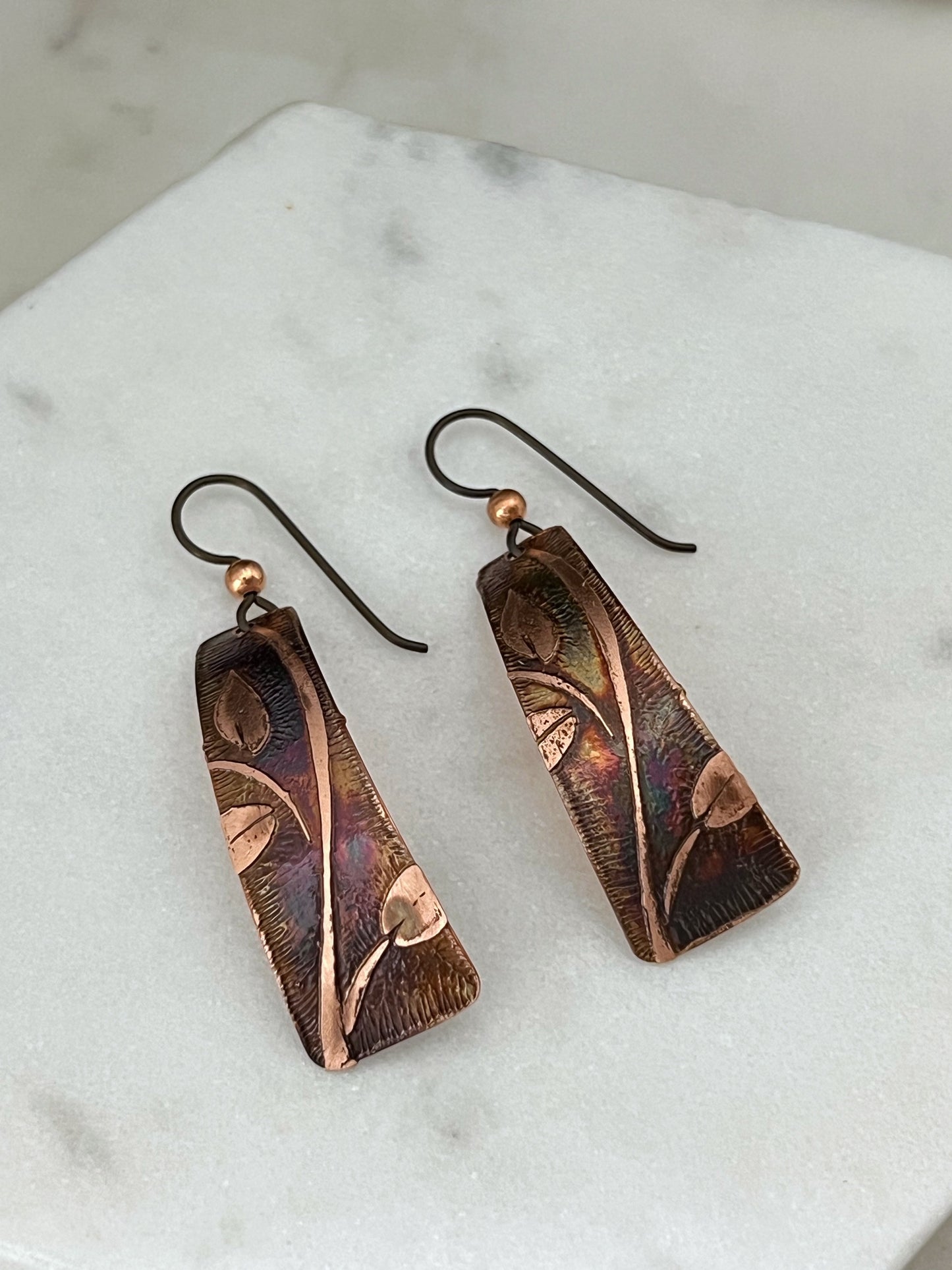 Acid etched copper irregular rectangle earrings